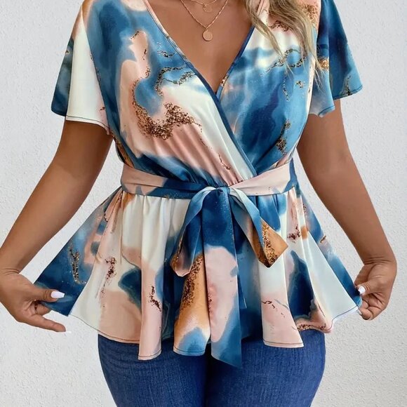 Plus Size Elegant V-Neck Belted Trendy Summer Tie Dye Blouse Tunic Top 12W -20W - Picture 3 of 10